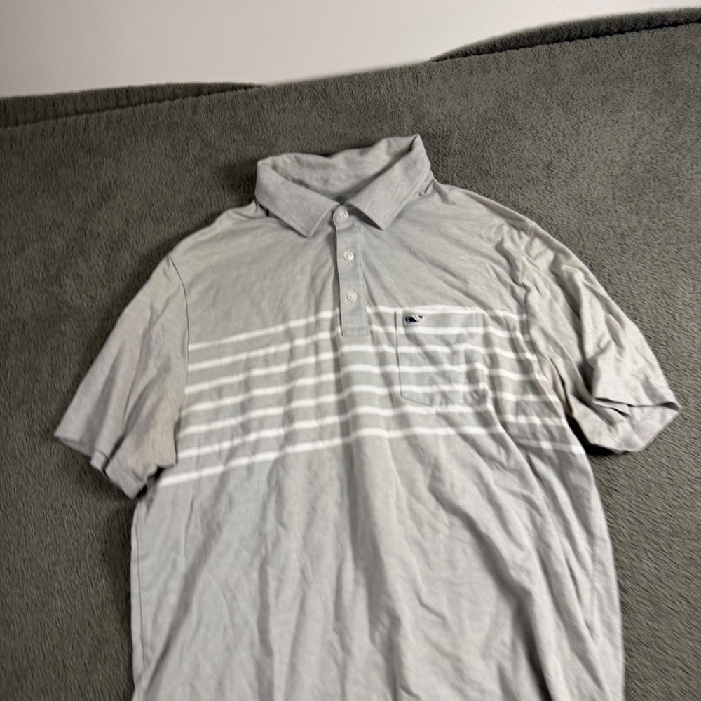 Vineyard Vines Edgartown Polo Mens Medium Gray White Striped Pima Cotton Stretch
